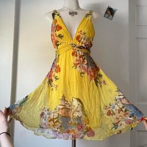Yellow 100% Silk Oriental Artsy Graphic Pattern Floral V-Neck Sundress